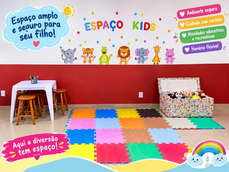 Tapete de EVA colorido, baú de pelúcias e mesinha com lápis