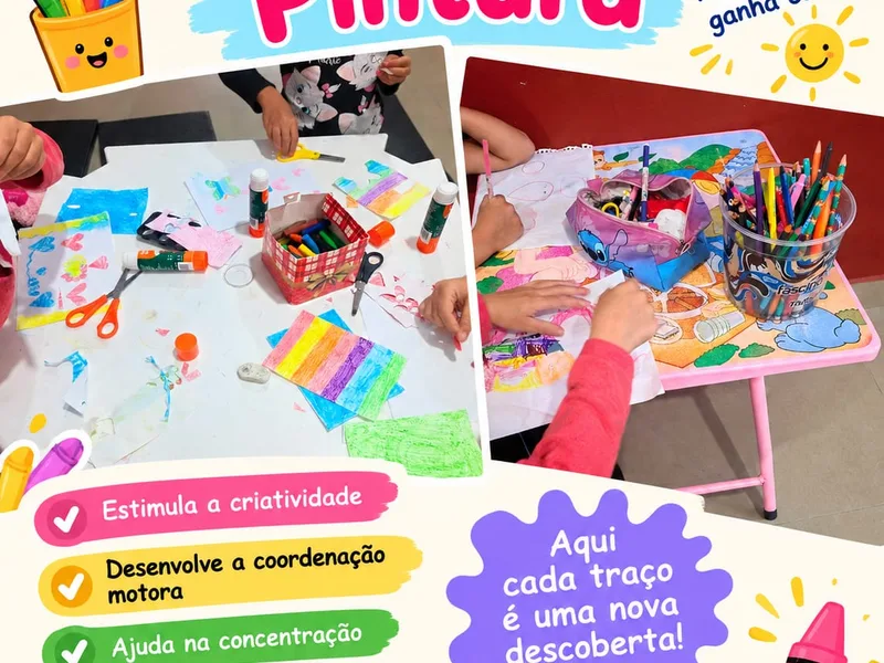 Crianças pintando e recortando papéis coloridos