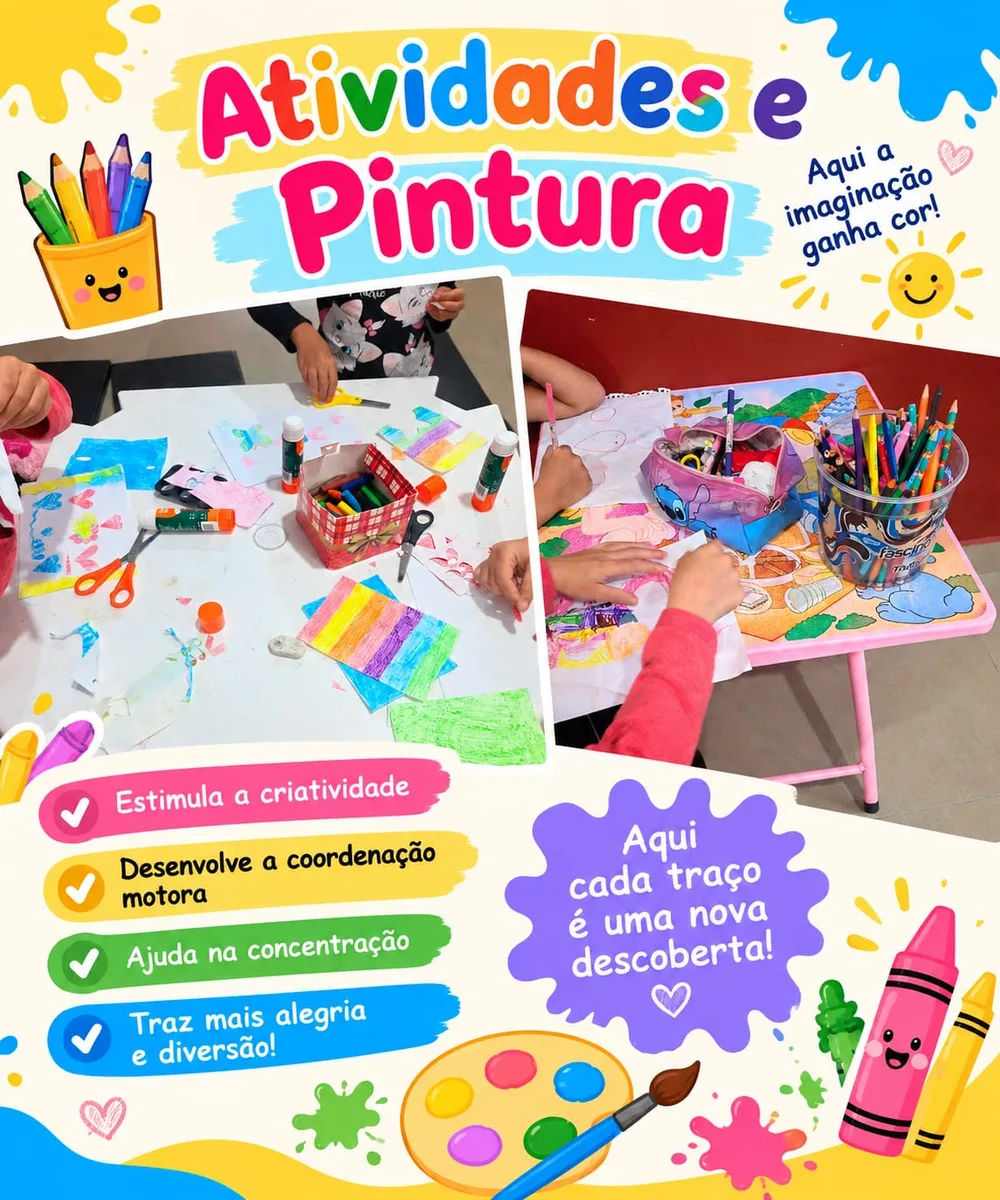 Crianças pintando e recortando papéis coloridos na mesa