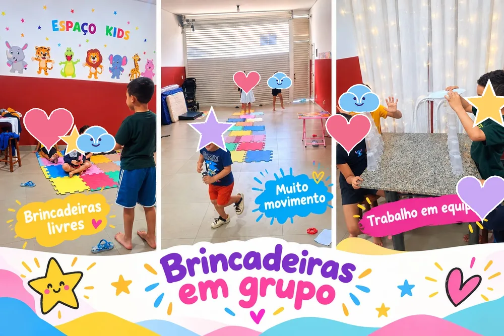 Crianças brincando em grupo: brincadeiras livres, corrida e torre de copos